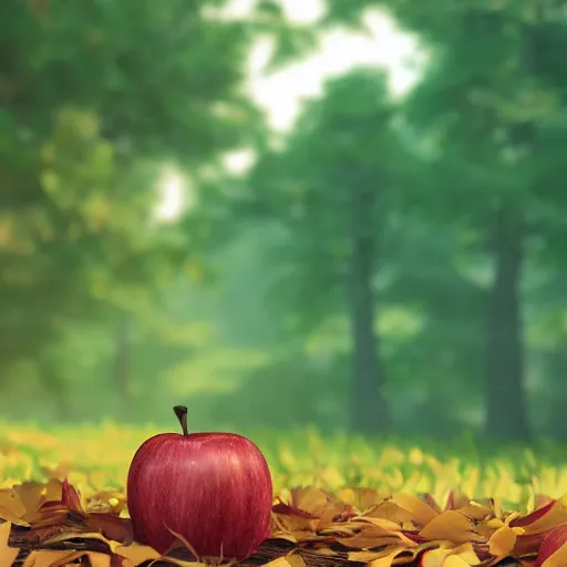 Prompt: An apple laying in the leaves in a forest, octane render, volumetric lighting, depth of field, ambient occlusion, 4K