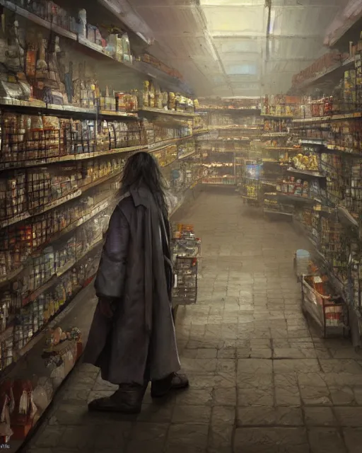 Prompt: gandalf stacking supermarket shelves greg rutkowski, esuthio, craig mullins, cinematic lighting, gloomy
