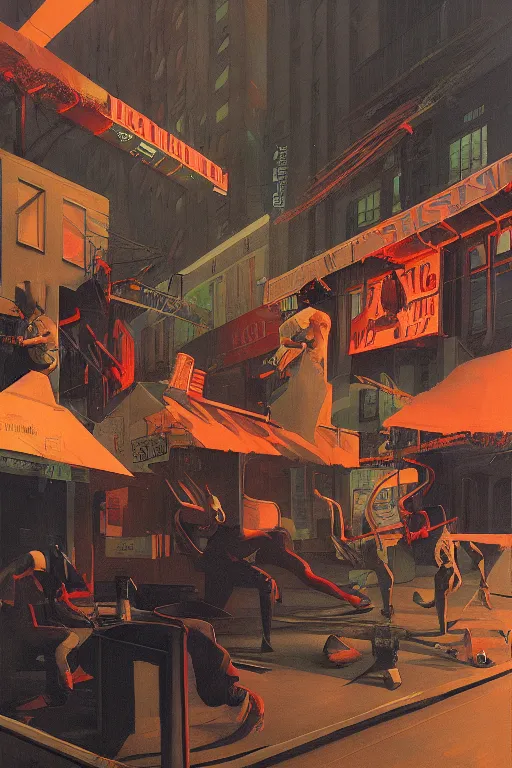 Prompt: a battle rap, a set of dj hiphop style on harlem street, Edward Hopper and James Gilleard, Zdzislaw Beksisnski, highly detailed