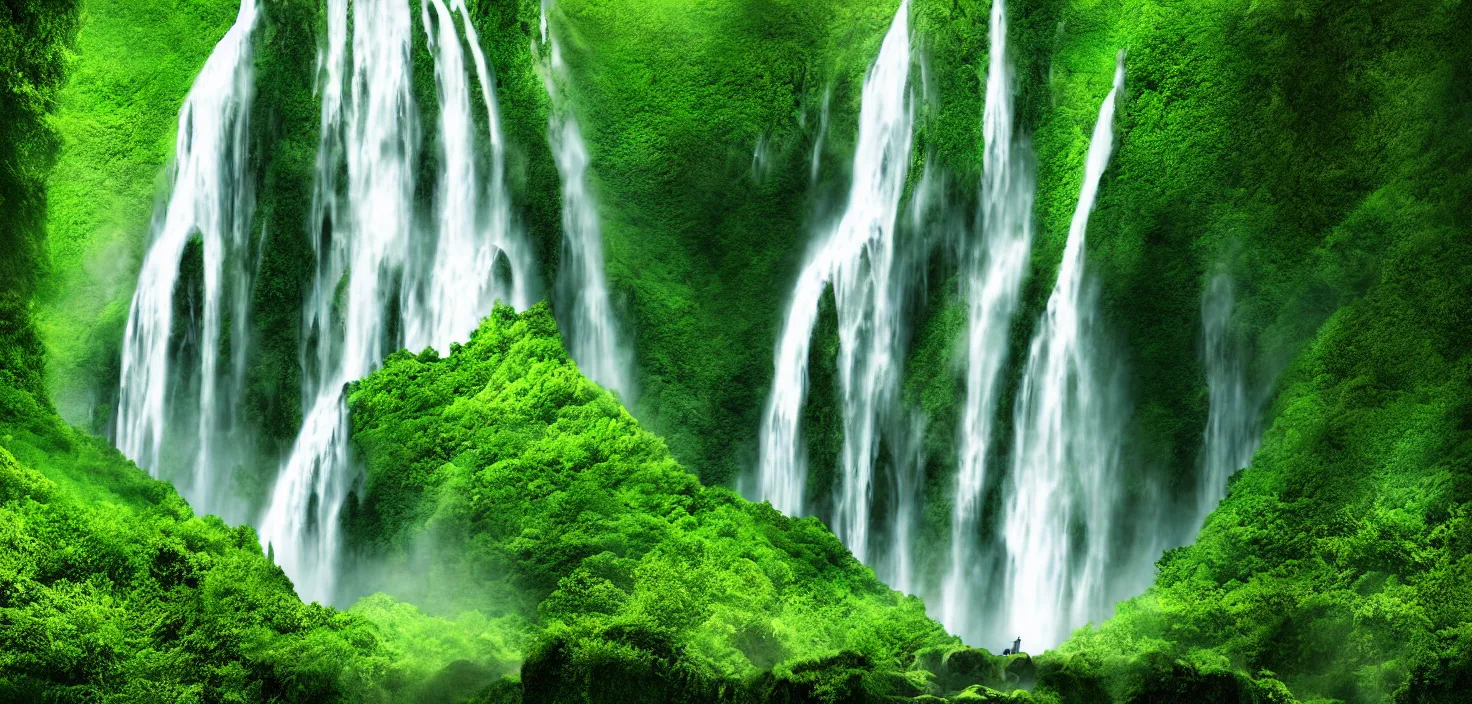 Image similar to a large waterfall in the middle of a green valley, vector art, a detailed matte painting by jacob willemszoon de wet, shutterstock contest winner, naturalism, sense of awe, national geographic photo, unreal engine