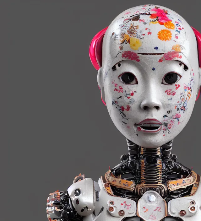 Image similar to full body portrait of a highly advanced digital robot with a porcelain japanese geisha face mask with kanji tattoos and decals, japanese model, octane render, intricate details, ultra realistic, dramatic lighting