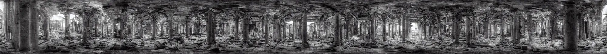 Image similar to photo of an immersive forgotten panopticon well, with columns and destroyed cybernetics from an ancient civilization, photorealistic, higly detailed dark, 3 6 0 picture, panorama, 3 5 mm slide, trending on flickr, in the style of francesca woodman, zachary corzine, zhelong xu, greg rutkowski and anders zorn