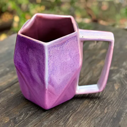 Prompt: tall icosahedron triangle ceramic mug with pink and purple pearlescent glaze