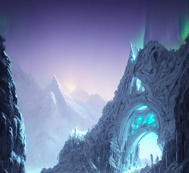 Image similar to a very detailed concept art of intricate and well designed white gates to epic mountains, infused with aurora borealis by greg rutkowski, dynamic lighting trending on artstation, symmetry, digital art, 4 k, hyper realistic, octane render, sharp focus