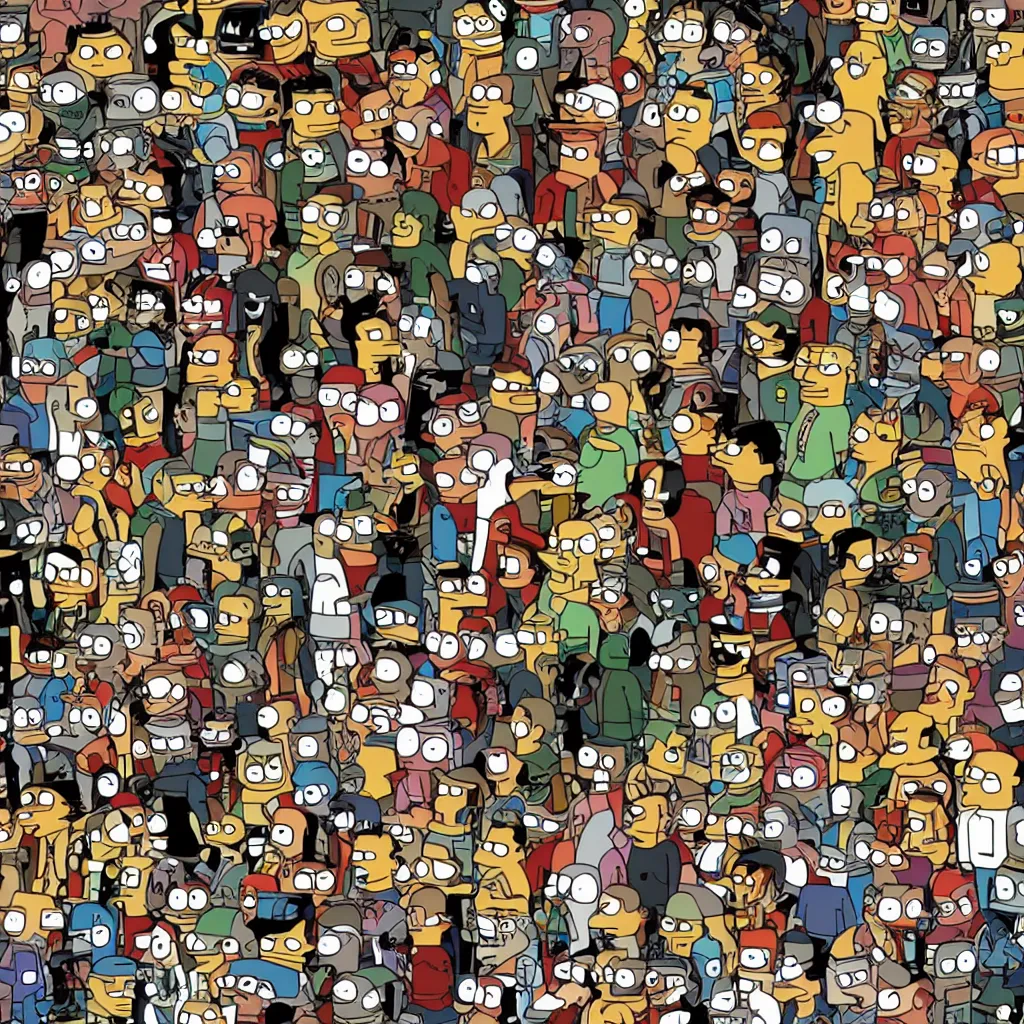 Image similar to where's waldo in the futurama, bender.