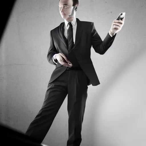 Image similar to man in a black suit, holding a very advance phone, photorealistic, realistic, dramatic, cinematic, cinematic, photography, sci fi