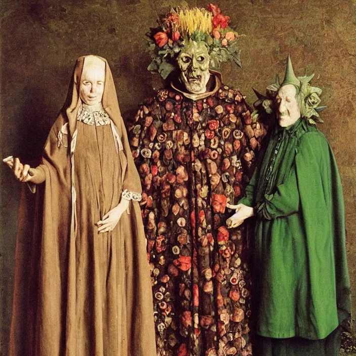 Prompt: a woman wearing a cloak of flowers, standing next to a creepy old green-horned goblin man, by Jan van Eyck