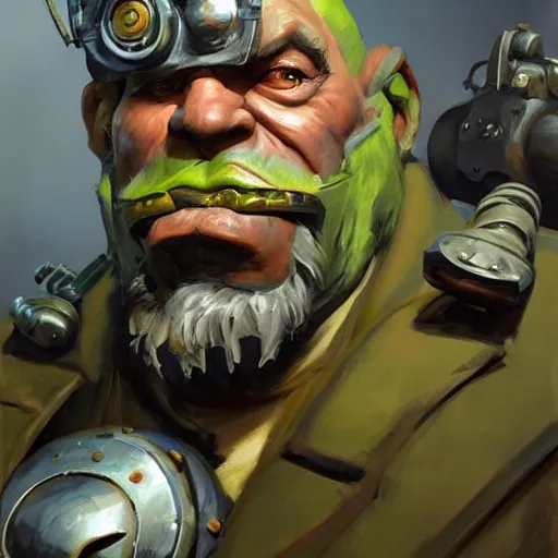 Image similar to greg manchess digital painting of a ruggedly handsome old dieselpunk orc general with olive green skin sitting in his office, overwatch character, organic painting, matte painting, bold shapes, hard edges, street art, trending on artstation, by huang guangjian and gil elvgren and sachin teng