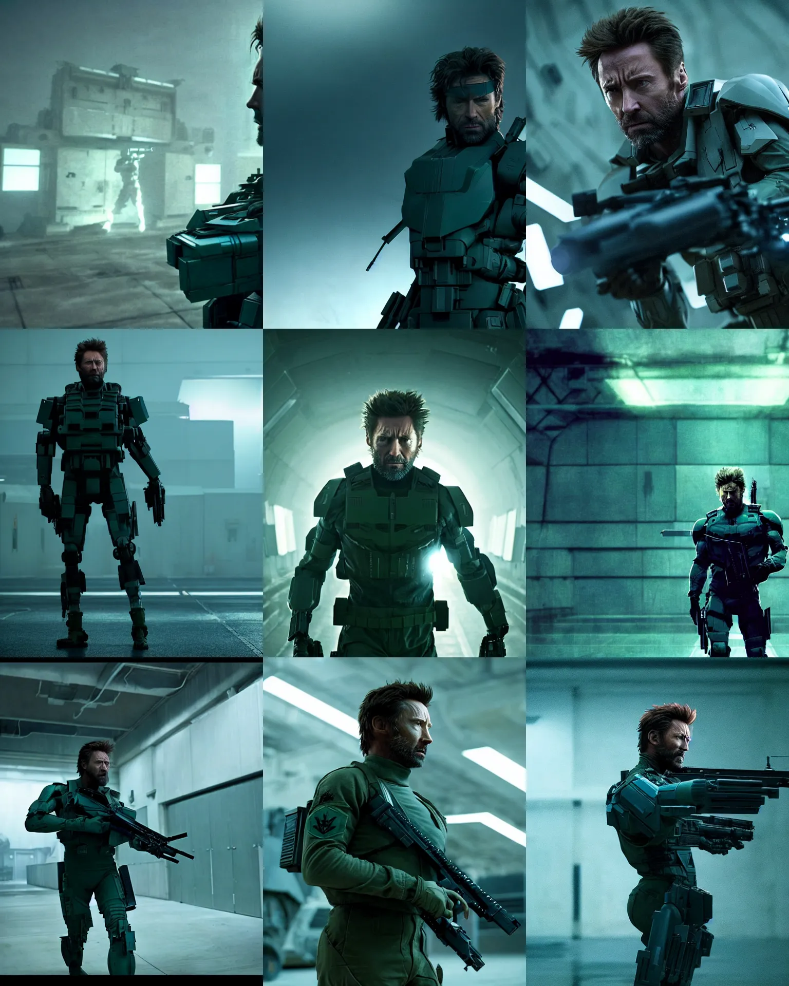 Prompt: denis villeneuve movie still of hugh jackman as solid snake by greg rutkowski in a miltary base, holding a gun, metal gear mecha in the background, rack focus, close establishing shot, monochromatic teal, dark teal lighting, soft dramatic lighting, 4 k digital camera