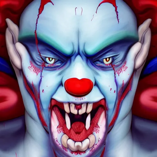 Image similar to 4K headshot of godlike clown with blue skin and defined arms and open hands and bloody clothes with giant mandala wings , intricate face , flawless anime cel animation by Kentaro Miura, psychedelic , highly detailed upper body , professionally post-processed , beautiful, scary, symmetry accurate features, epic, octane rendered, anime masterpiece, accurate