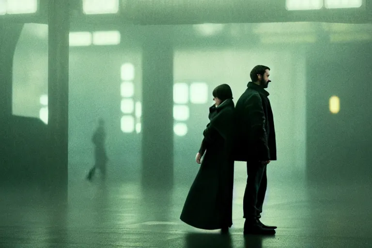 Image similar to film still of closeup beautiful model couple in blade runner 2 0 4 9, train station, cinematic, moody, gritty neon noir by emmanuel lubezki