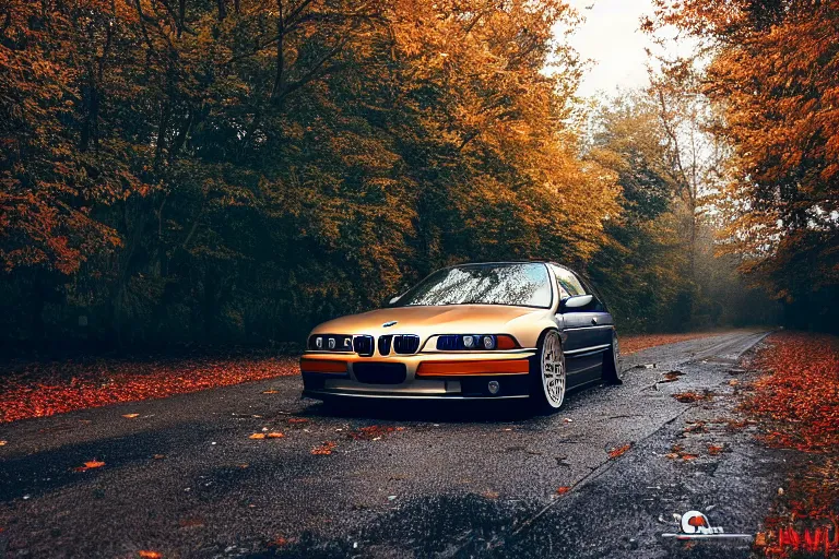 Image similar to A modified BMW e36 parked in a road with trees, autumn season, rain, Epic photography, taken with a professional camera, 10 mm, depth of field, highly detailed