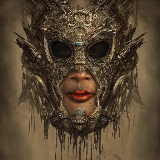 Prompt: Very very very very highly detailed epic photo of demonic face with venetian mask, intricate, dystopian, sci-fi, extremely detailed, digital painting, artstation, concept art, smooth, sharp focus, illustration, intimidating lighting, incredible art by Anton Pieck