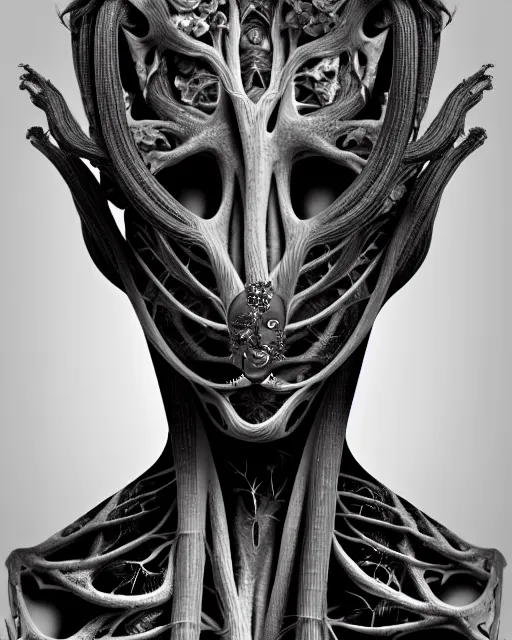 Image similar to a black and white high quality photo of a young beautiful female queen-vegetal-dragon-cyborg bust with a very long neck and Mandelbrot fractal face, Mandelbrot fractal skin, flesh, anatomical, facial muscles, veins, arteries, elegant, highly detailed, flesh highly baroque ornate, hair are wired cables, elegant, high fashion, rim light, octane render, in the style of Diane Arbus, Realistic, Refined, Digital Art, Highly Detailed, Cinematic Lighting, rim light, black and white, photo-realistic, 8K