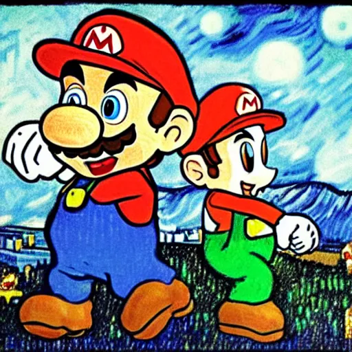 Prompt: highly detailed Super Mario Brothers under sky, by Van Gogh