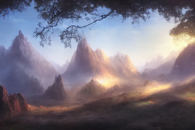 Image similar to Landscape of a fantasy world. Cinematic lighting. Photorealism.