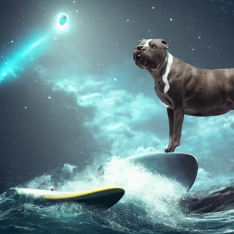 Image similar to photo of a dark gray coat pit bull with a white paws and a white nose!, surfing on a surfboard in a crashing wave of alien galaxy, trending on art station, ocean in space, background is an alien galaxy, aliens in the background, alien colors, octane render, unreal engine, wide view, 8 k, highly detailed