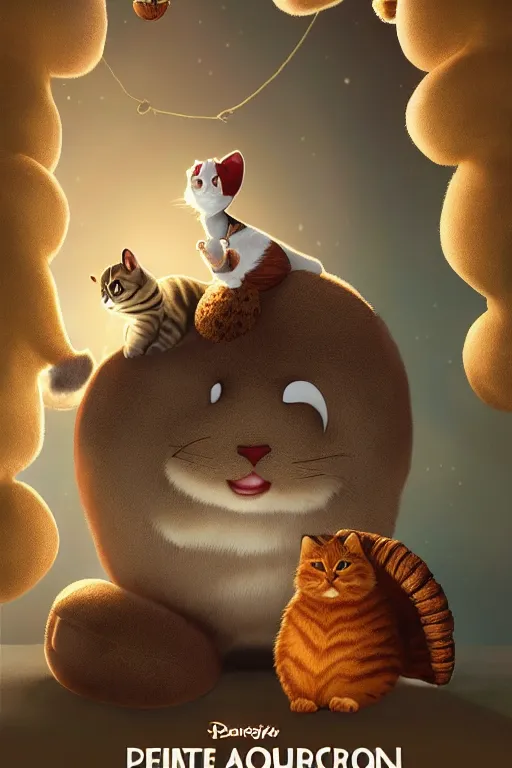 Image similar to round antropomorphic acorn plush toy and his cat friend in a giant bed adventure movie, cerebri movie poster, by nuri iyem, james gurney, james jean, greg rutkowski, anato finnstark. pixar. hyper detailed, 5 0 mm, award winning photography, perfect faces