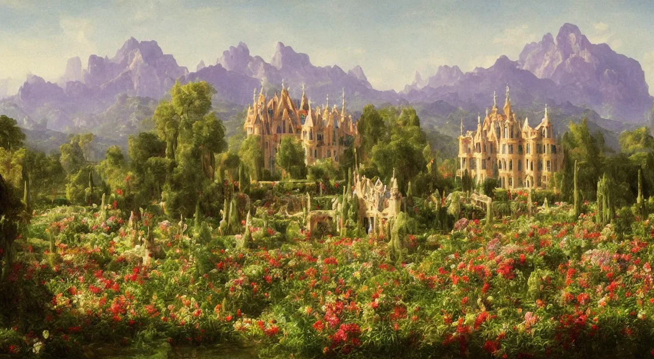 Image similar to a landscape painting of a manor designed by Antoni Gaudí, with flower fields as foreground, with mountains as background, by Thomas Cole