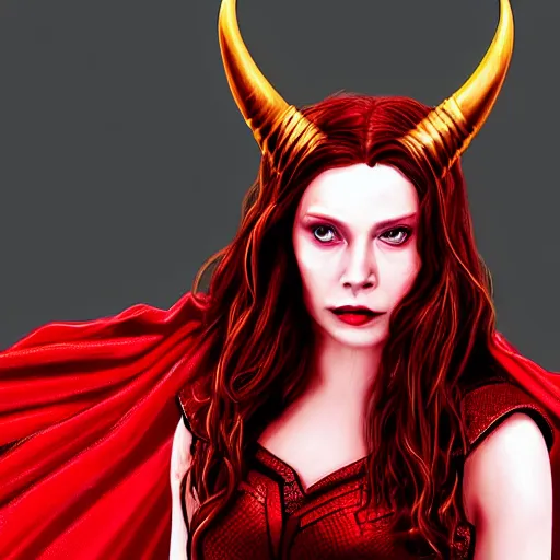 Prompt: A portrait of elizabeth as scarlet witch with horns, cinematic, digital art, amazing detail