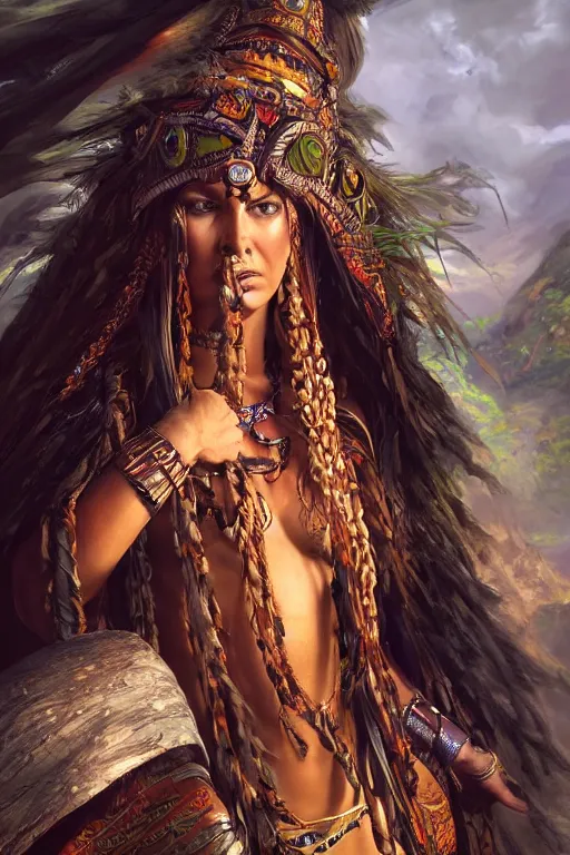 Prompt: portrait, exotic shaman priestess, landscape, alex ross, david finch, concept art, matte painting, highly detailed, rule of thirds, dynamic lighting, cinematic, detailed, denoised, centerd