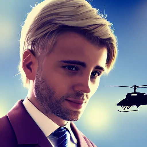 Image similar to blond male doctor in front of helicopter, epic lighting, digital art