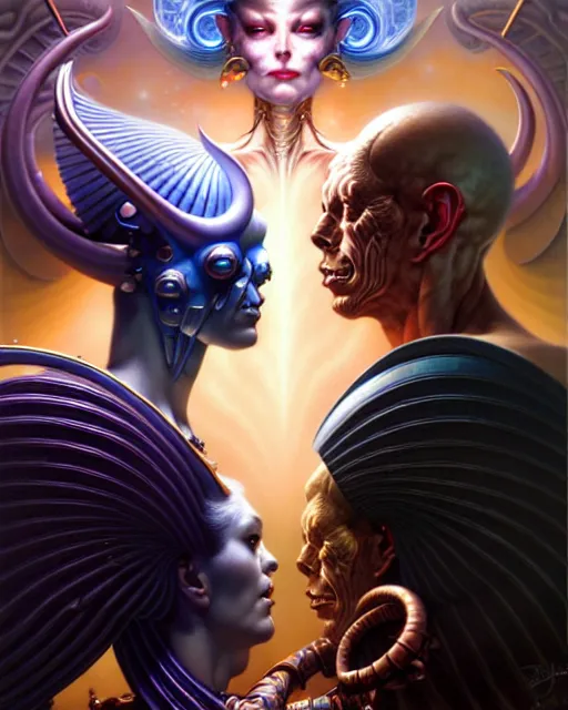 Image similar to beautiful gemini good and evil fantasy character portrait, ultra realistic, wide angle, intricate details, the fifth element artifacts, highly detailed by peter mohrbacher, hajime sorayama, wayne barlowe, boris vallejo, aaron horkey, gaston bussiere, craig mullins