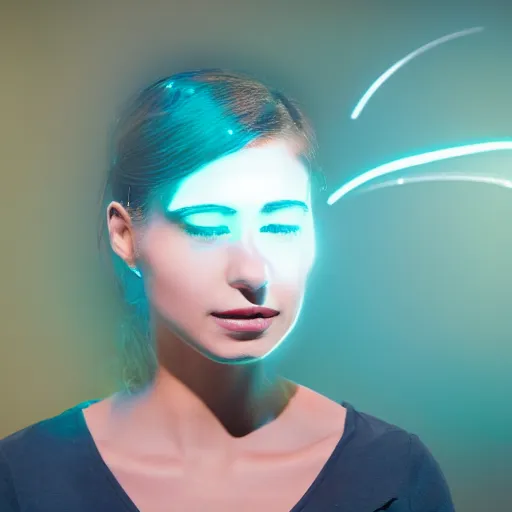 Prompt: woman interacting with small holographic computer display floating in front of her face