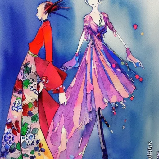 Prompt: watercolor painting of an elegant figure wearing colorful clothing, concept art, fashionable, by yoshitaka amano