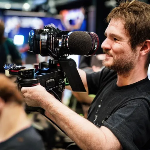 Image similar to ruggedly handsome gimbal camera operator getting the action shot at a video game tournament. photorealistic, high quality, intricate details