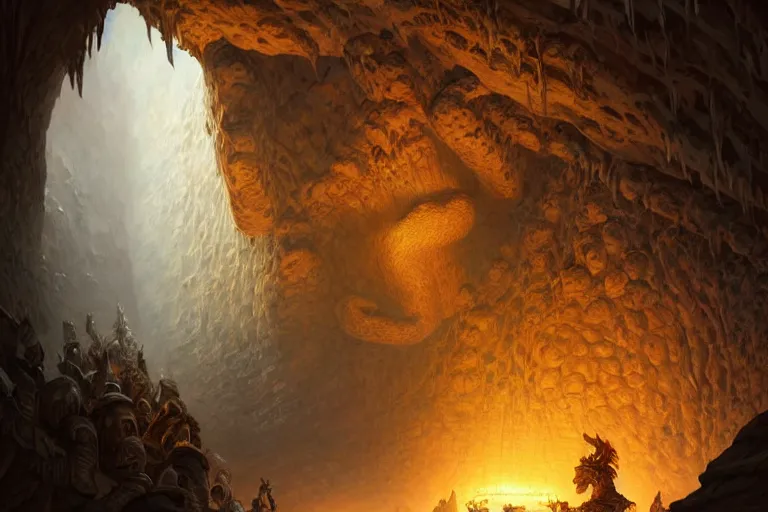 Image similar to cryptic message inscribed upon a wall of a cave'where the crocodile god dwells ', deep focus, d & d, fantasy, intricate, elegant, highly detailed, digital painting, artstation, concept art, matte, sharp focus, illustration, hearthstone, art by artgerm and greg rutkowski and alphonse mucha