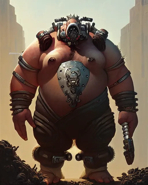 Image similar to roadhog from overwatch, character portrait, concept art, intricate details, highly detailed by greg rutkowski, michael whelan and gustave dore