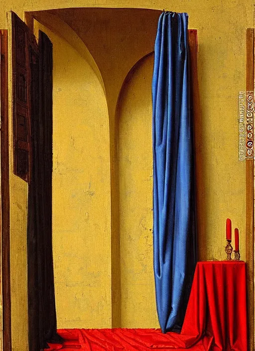 Image similar to red curtain, medieval painting by jan van eyck, johannes vermeer, florence