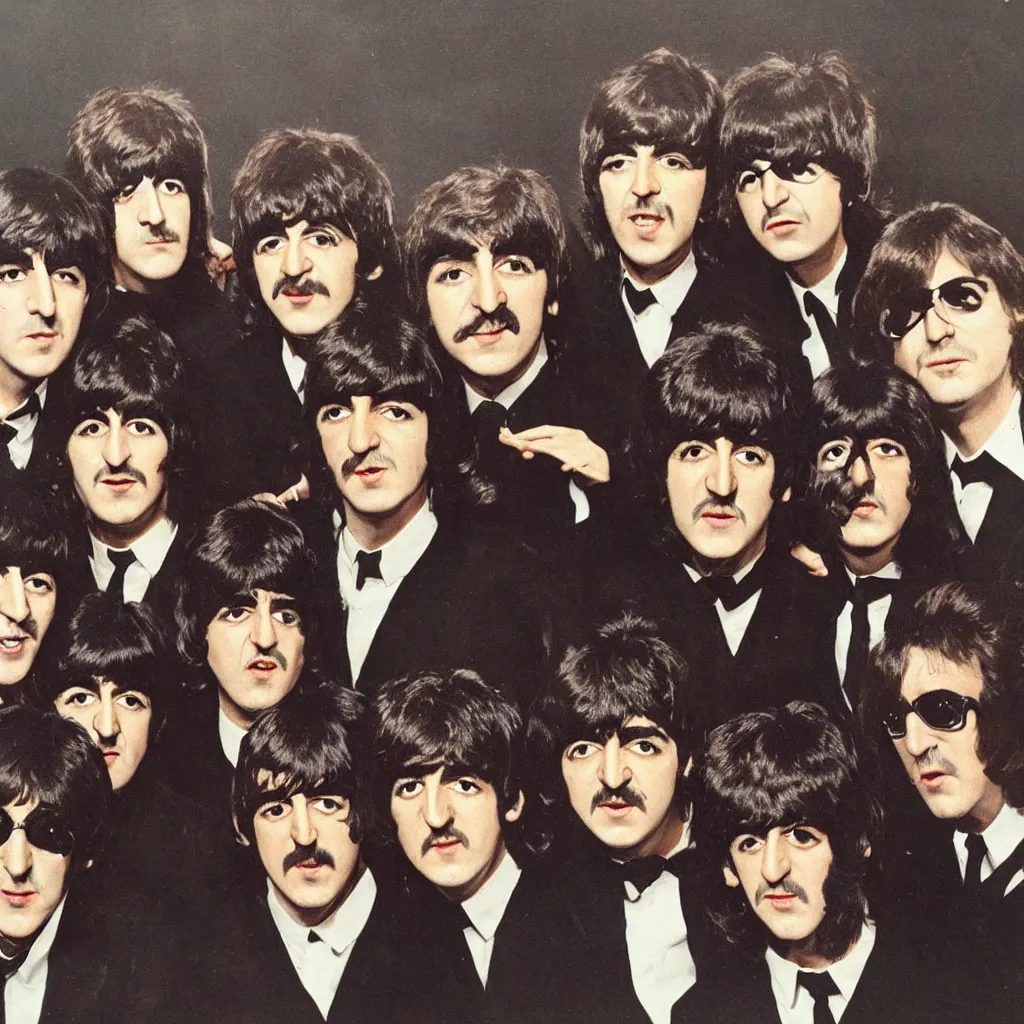 Prompt: the beatles dressed as the band kiss, realistic, 4 k