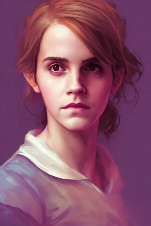 Prompt: portrait of Emma Watson as Hermione Granger in cyberpunk, neon lighting, digital art from artstation by Ruan Jia and Mandy Jurgens and Artgerm and william-adolphe bouguereau and Greg Rutkowski and Wayne Barlowe