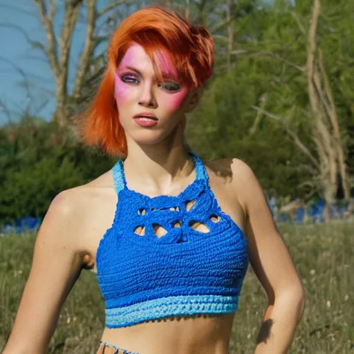 Image similar to A photo of a caucasian female model with blue hair wearing a crocheted croptop.