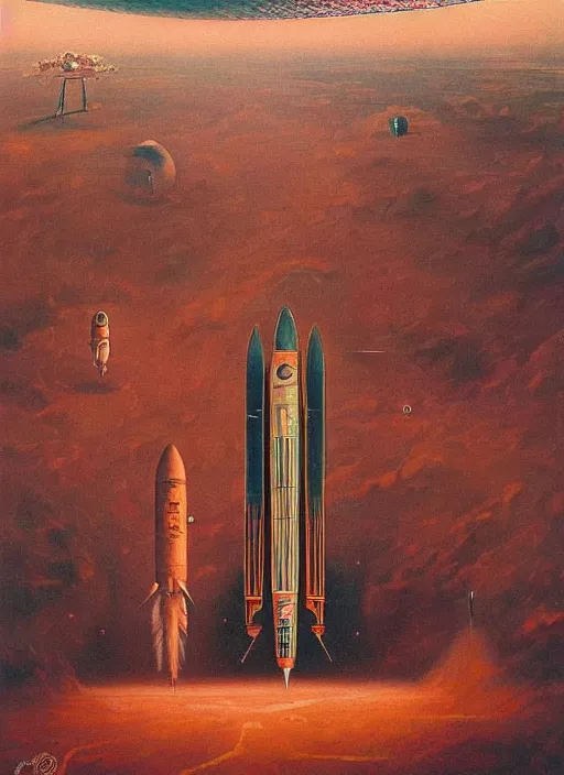 Prompt: A painting in a style of Beksinski featuring Elon Musk, rockets, mars and technology. Very detailed