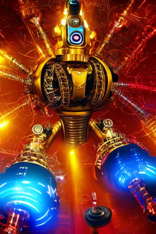 Prompt: portrait photo of a giant huge golden and blue metal futuristic steampunk robot with a red guitar covered with multicolored big gears and tubes, eyes are glowing red lightbulbs, shiny crisp finish, 3 d render, 8 k, insaneley detailed, fluorescent colors, background is multicolored lasershow