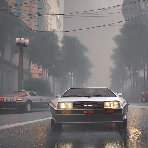 Image similar to hyperdetailed, photorealistic photograph of a dmc 1 2 delorean driving in the streets, rain, night, dense fog, hd, unreal engine 5