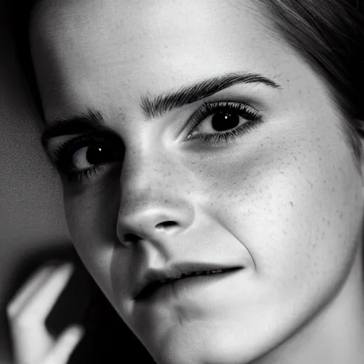 Prompt: Emma Watson, crying with a tear running down her cheek, headshot, close-up, studio lighting, photograph, canon, f/22