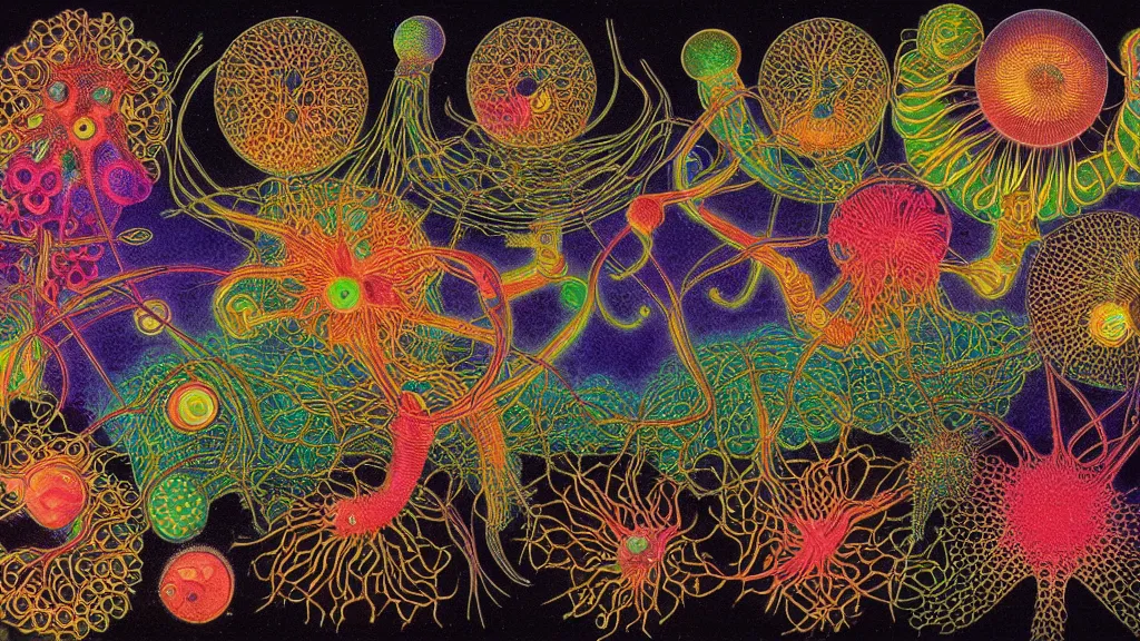 Prompt: quantum connections represented as symbiotic organisms like cells playing around with colorful lights by ernst haeckel, squishy