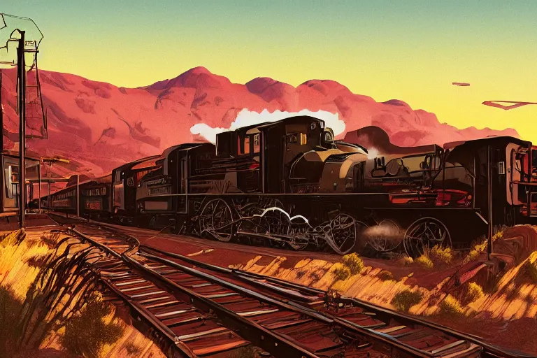 Prompt: idyllic old western train station illustration by syd mead, artstation, 4 k, graphic novel, concept art, matte painting, steam engine spewing billowy clouds of steam, beautiful mountain desert sunset background, golden hour