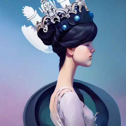 Image similar to face icon stylized minimalist a beautiful black haired woman with pale skin and a crown on her head sitted on an intricate metal throne, loftis, cory behance hd by jesper ejsing, by rhads, makoto shinkai and lois van baarle, ilya kuvshinov, rossdraws global illumination,