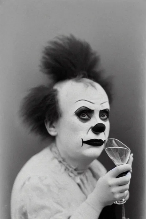 Image similar to old realistic photo of face of a female sad and tired clown, clown is holdind wine bottle, photograph, early 1 9 0 0's, black and whitehighly detailed, matte, sharp focus, smooth, sharp focus, illustration