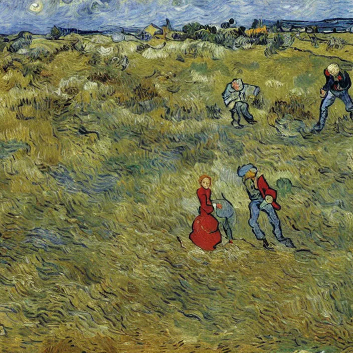 Image similar to adult man and woman playing on the open moorland, painting by van gogh