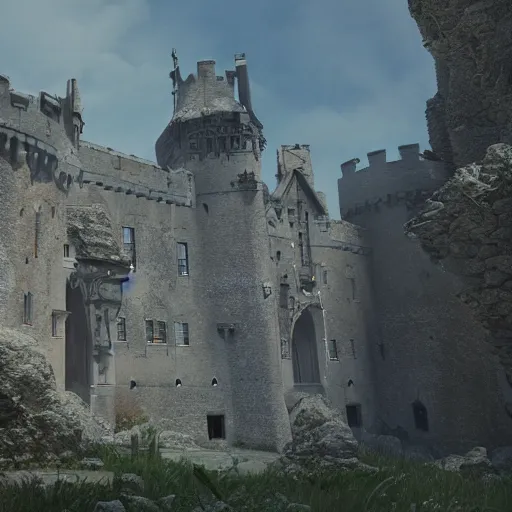 Image similar to castle, 8 k uhd, unreal engine, reflected chrome, octane render in the artstyle of greg rutkowski