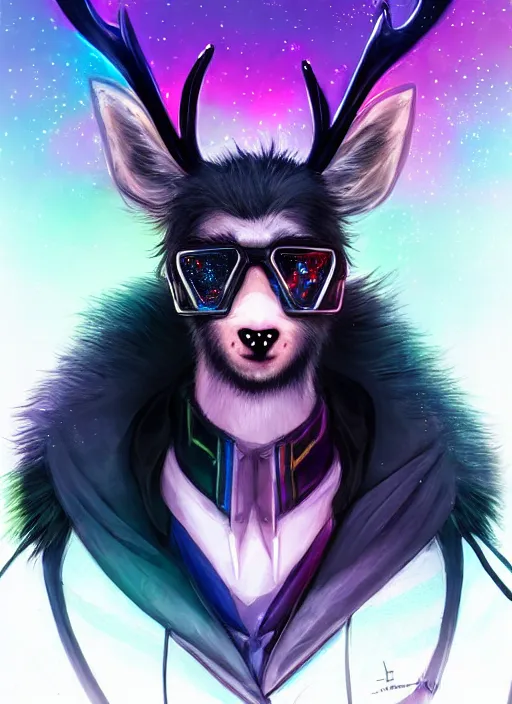 Image similar to award winning beautiful portrait commission of a male furry anthro Black Reindeer cyberpunk fursona with a tail, wings, wings, wings and a cute beautiful attractive detailed furry face wearing stylish black and rainbow galaxy clothes, outline, in a cyberpunk city at night while it rains. Character design by charlie bowater, ross tran, artgerm, and makoto shinkai, detailed, inked, western comic book art