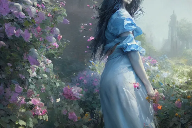 Image similar to a beautiful painting of blue roses garden, girl, by greg rutkowski, trending on artstation