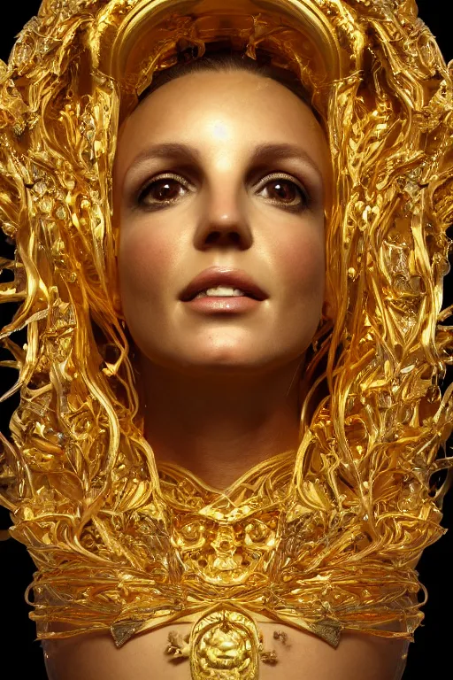 Image similar to britney spears, gold ornaments around face, gold beam behind, beautiful face, surrealism, sculpture, baroque element. intricate artwork by caravaggio, trending on artstation, baroque elements, octane render, cinematic lighting, hyper realism,