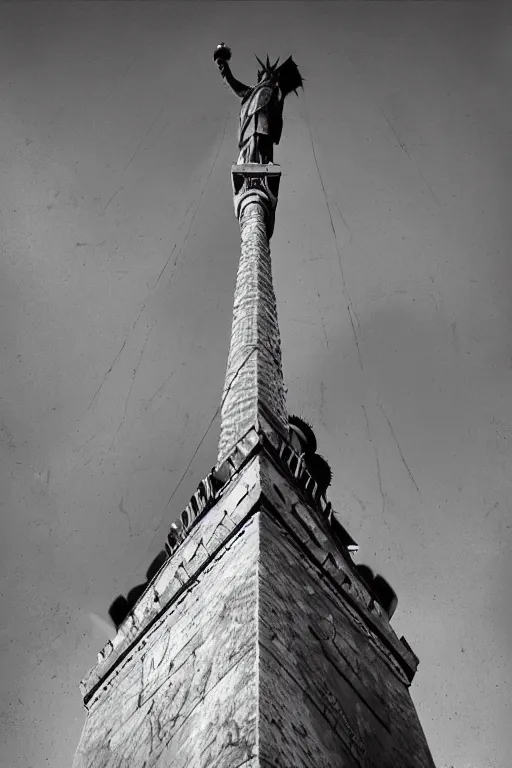 Image similar to ultra wide angle shot of an impossibly tall guillotine, next to the statue of liberty, surrealism, in the style of terry gilliam